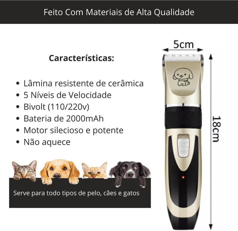 KIT Com Maquina Tosar Pelos Recarregável para Cachorros e Gatos
